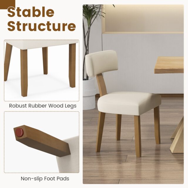 Juego de 2 sillas de comedor con respaldo curvo y asiento acolchado en beige, estructura de madera de caucho y contrachapada, patas con almohadillas antideslizantes, soporta hasta 396 lbs (180 kg), foto 3 de 9