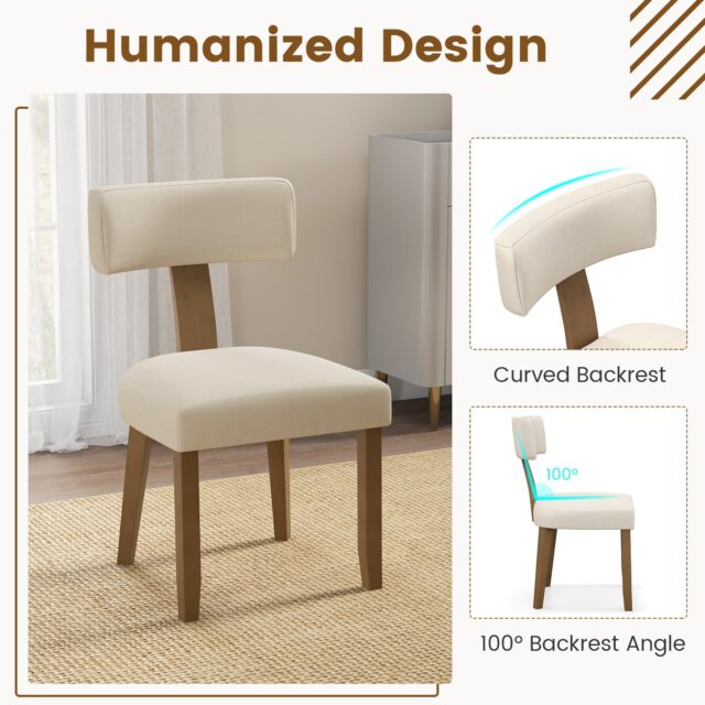 Juego de 2 sillas de comedor con respaldo curvo y asiento acolchado en beige, estructura de madera de caucho y contrachapada, patas con almohadillas antideslizantes, soporta hasta 396 lbs (180 kg), foto 4 de 9