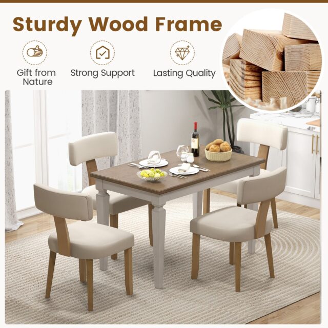 Juego de 2 sillas de comedor con respaldo curvo y asiento acolchado en beige, estructura de madera de caucho y contrachapada, patas con almohadillas antideslizantes, soporta hasta 396 lbs (180 kg), foto 5 de 9