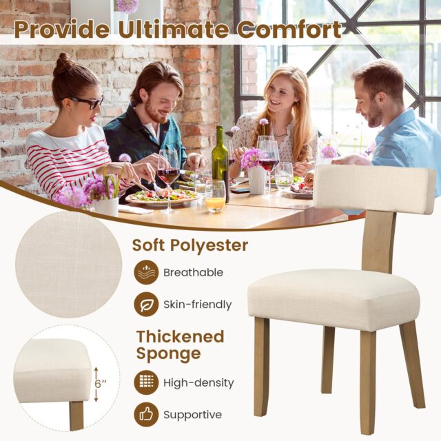 Juego de 2 sillas de comedor con respaldo curvo y asiento acolchado en beige, estructura de madera de caucho y contrachapada, patas con almohadillas antideslizantes, soporta hasta 396 lbs (180 kg), foto 6 de 9