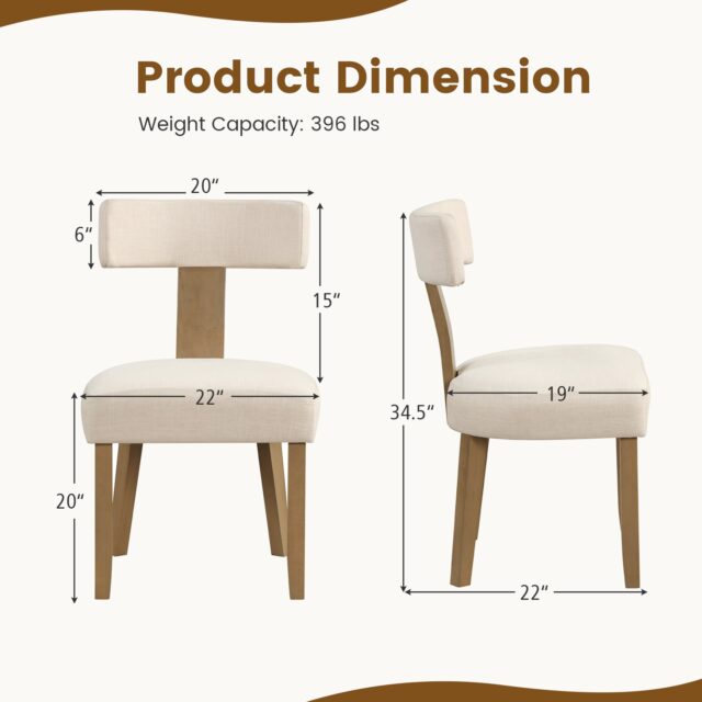 Juego de 2 sillas de comedor con respaldo curvo y asiento acolchado en beige, estructura de madera de caucho y contrachapada, patas con almohadillas antideslizantes, soporta hasta 396 lbs (180 kg), foto 7 de 9