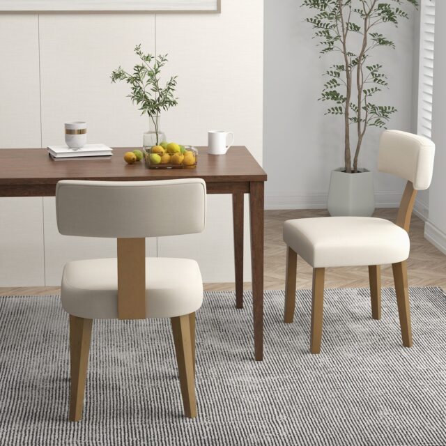 Juego de 2 sillas de comedor con respaldo curvo y asiento acolchado en beige, estructura de madera de caucho y contrachapada, patas con almohadillas antideslizantes, soporta hasta 396 lbs (180 kg), foto 9 de 9