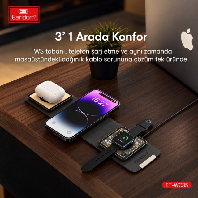 Soporte de carga inalámbrica plegable para escritorio con MagSafe, 15 W, para cargar a la vez un teléfono, unos audífonos inalámbricos y un reloj inteligente, con entrada USB-C de 18 W y color negro, foto 2 de 4