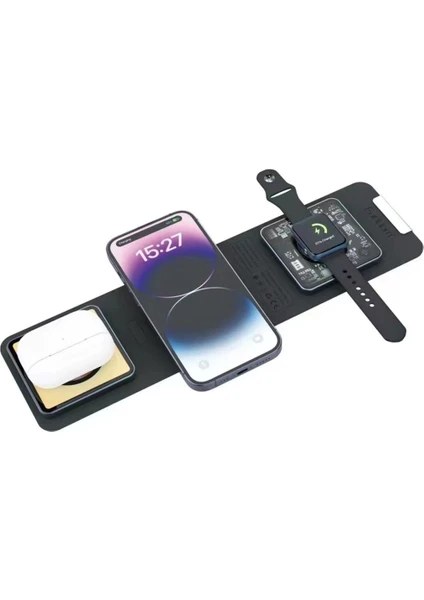 Soporte de carga inalámbrica plegable para escritorio con MagSafe, 15 W, para cargar a la vez un teléfono, unos audífonos inalámbricos y un reloj inteligente, con entrada USB-C de 18 W y color negro, foto 4 de 4