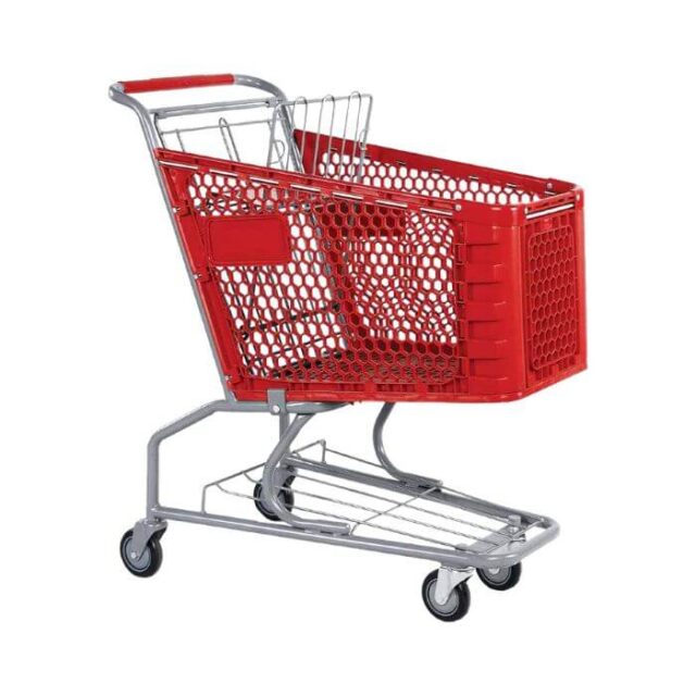 Carrito de compras de plástico rojo de 180 litros con estructura de metal plateada, canasta de 86 cm de largo y 50 cm de ancho, con compartimento inferior, para supermercados y compras grandes, foto 3 de 3