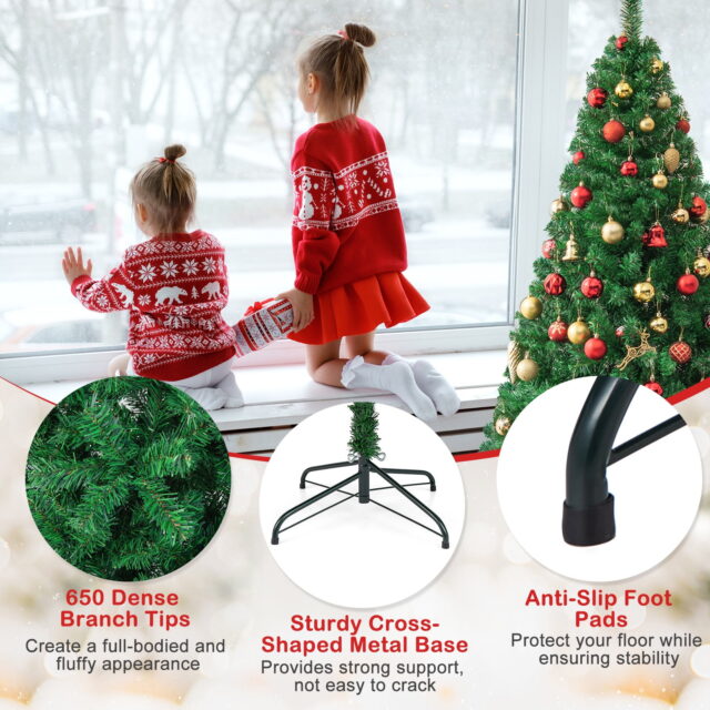 Árbol de Navidad artificial de PVC de 1,8 m con diseño clásico de pino, base de metal estable, para interiores y exteriores, sin luces para decorar a tu gusto, tamaño compacto para espacios pequeños, foto 3 de 6