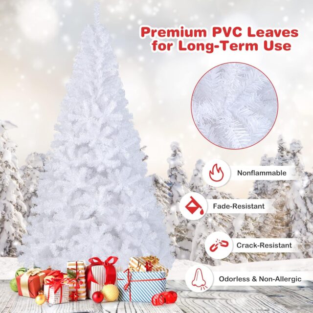 Árbol de Navidad artificial blanco de 7 pies (213.4 cm) de PVC con soporte, fácil de armar en 3 piezas, para decoración navideña en interior y exterior, con pies de plástico que protegen el suelo, foto 4 de 5
