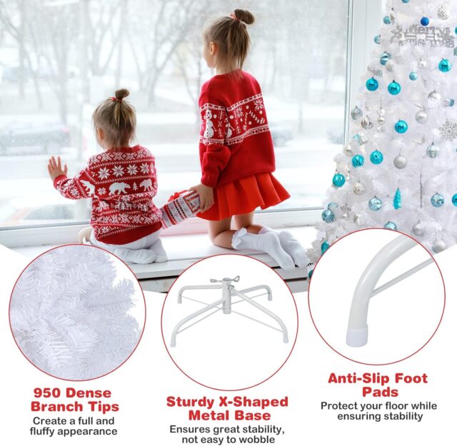 Árbol de Navidad artificial blanco de 7 pies (213.4 cm) de PVC con soporte, fácil de armar en 3 piezas, para decoración navideña en interior y exterior, con pies de plástico que protegen el suelo, foto 5 de 5