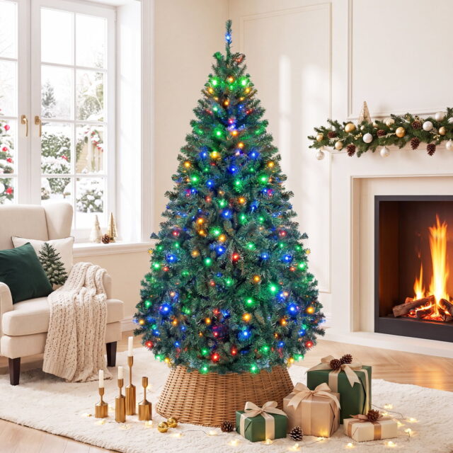 Árbol de Navidad artificial de 6 pies (1.83 m) con 350 luces LED y 11 modos de iluminación, agujas de PVC verde de 2 tonos, ramas con bisagras y base metálica plegable, retardante de llama, foto 1 de 5