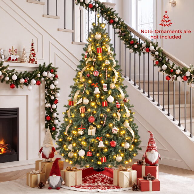 Árbol de Navidad artificial de 6 pies (1.83 m) con 350 luces LED y 11 modos de iluminación, agujas de PVC verde de 2 tonos, ramas con bisagras y base metálica plegable, retardante de llama, foto 2 de 5