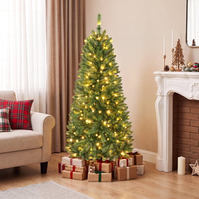 Árbol de Navidad artificial tipo lápiz con 300 puntas de PVC, luces LED blancas cálidas preiluminadas, cableado oculto, base metálica plegable con bisagras, retardante de llama, para hogar y fiestas, foto 1 de 6