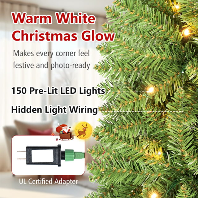 Árbol de Navidad artificial tipo lápiz con 300 puntas de PVC, luces LED blancas cálidas preiluminadas, cableado oculto, base metálica plegable con bisagras, retardante de llama, para hogar y fiestas, foto 2 de 6