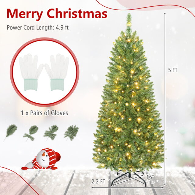 Árbol de Navidad artificial tipo lápiz con 300 puntas de PVC, luces LED blancas cálidas preiluminadas, cableado oculto, base metálica plegable con bisagras, retardante de llama, para hogar y fiestas, foto 3 de 6
