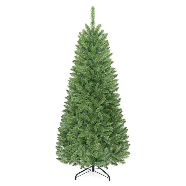 Árbol de Navidad artificial tipo lápiz con 300 puntas de PVC, luces LED blancas cálidas preiluminadas, cableado oculto, base metálica plegable con bisagras, retardante de llama, para hogar y fiestas, foto 4 de 6