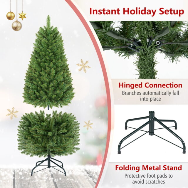 Árbol de Navidad artificial tipo lápiz con 300 puntas de PVC, luces LED blancas cálidas preiluminadas, cableado oculto, base metálica plegable con bisagras, retardante de llama, para hogar y fiestas, foto 5 de 6