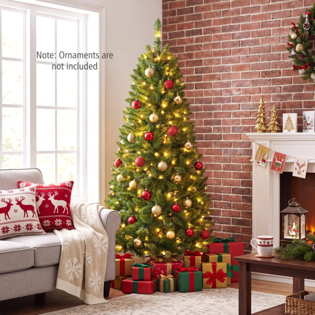 Árbol de Navidad artificial tipo lápiz con 300 puntas de PVC, luces LED blancas cálidas preiluminadas, cableado oculto, base metálica plegable con bisagras, retardante de llama, para hogar y fiestas, foto 6 de 6