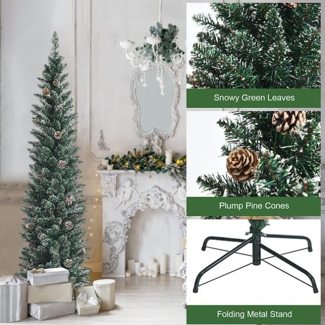 Árbol de Navidad artificial Costway Pencil 6 pies, con piñas, para interiores, hogar y fiestas, foto 2 de 4