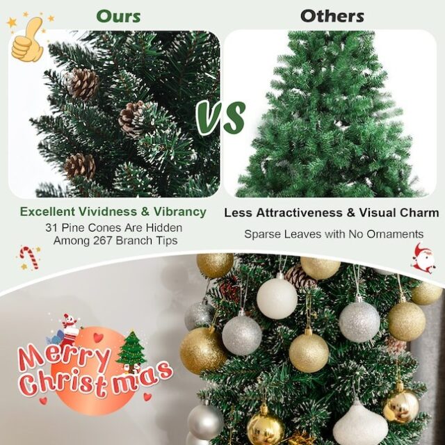 Árbol de Navidad artificial Costway Pencil 6 pies, con piñas, para interiores, hogar y fiestas, foto 3 de 4