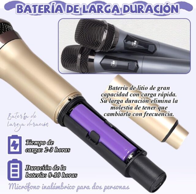 Juego de dos micrófonos inalámbricos UHF de mano para karaoke, con receptor plug and play de 6.35 mm, adaptador de 3.5 mm, pantalla LED, batería recargable tipo C y alcance de 30 a 50 metros, foto 3 de 6