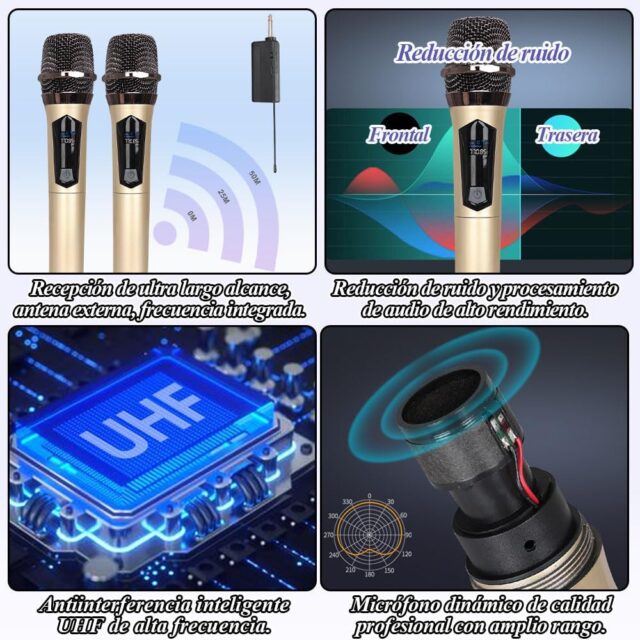 Juego de dos micrófonos inalámbricos UHF de mano para karaoke, con receptor plug and play de 6.35 mm, adaptador de 3.5 mm, pantalla LED, batería recargable tipo C y alcance de 30 a 50 metros, foto 4 de 6