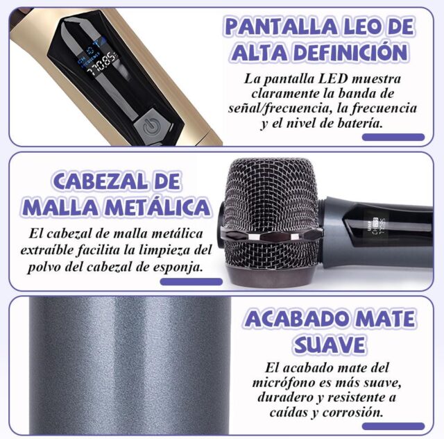 Juego de dos micrófonos inalámbricos UHF de mano para karaoke, con receptor plug and play de 6.35 mm, adaptador de 3.5 mm, pantalla LED, batería recargable tipo C y alcance de 30 a 50 metros, foto 5 de 6
