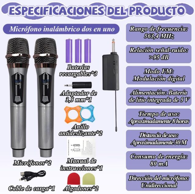 Juego de dos micrófonos inalámbricos UHF de mano para karaoke, con receptor plug and play de 6.35 mm, adaptador de 3.5 mm, pantalla LED, batería recargable tipo C y alcance de 30 a 50 metros, foto 6 de 6