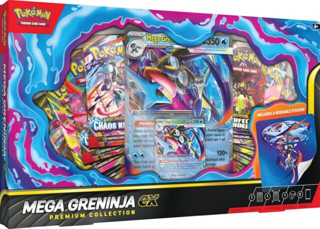 Colección premium Pokémon Mega Greninja ex con carta Mega Greninja ex, sobres de cartas Pokémon y sticker reutilizable, para coleccionistas y jugadores de Pokémon a partir de 6 años de edad, foto 1 de 4