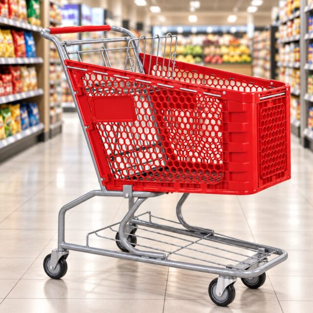 Carrito de compras de plástico rojo de 180 litros con estructura de metal plateada, canasta de 86 cm de largo y 50 cm de ancho, con compartimento inferior, para supermercados y compras grandes, foto 1 de 3