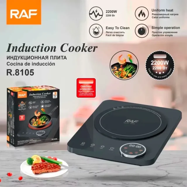Cocina de inducción portátil RAF con potencia 2200W, control táctil digital, pantalla LED y apagado automático, ideal para espacios reducidos y viajes, foto 3 de 4