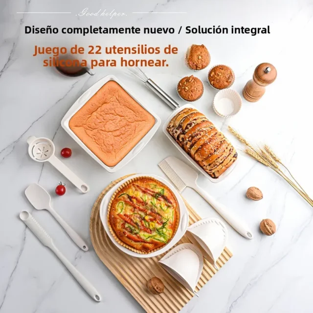 Kit de silicona para hornear 22 piezas con moldes para magdalenas, espátulas y batidor, antiadherente hasta 240°C, ideal para repostería y congelador, foto 6 de 6