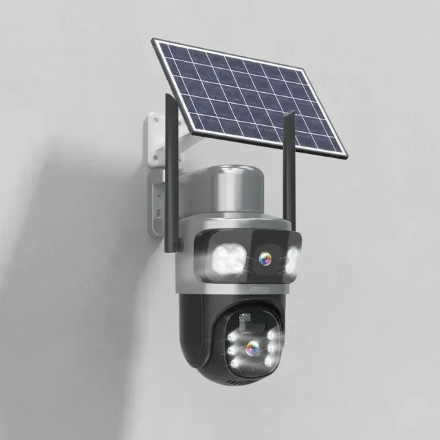Cámara de seguridad solar exterior V380 T9 con triple lente, WiFi, visión nocturna, micrófono bidireccional y resistencia IP66 para jardín, garaje y entrada, foto 1 de 3