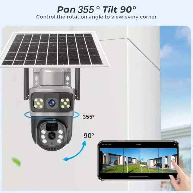 Cámara de seguridad solar exterior V380 T9 con triple lente, WiFi, visión nocturna, micrófono bidireccional y resistencia IP66 para jardín, garaje y entrada, foto 2 de 3