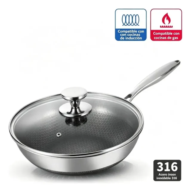 Sarten de acero inoxidable 316 con capacidad de 2 litros, diámetro 22 cm y mango de aluminio para cocina, foto 7 de 7