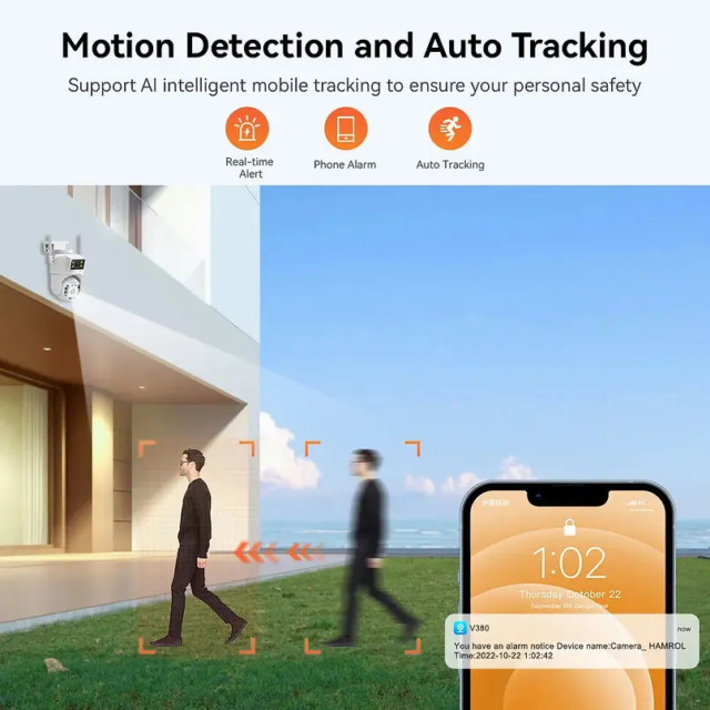 Cámara CCTV IP WiFi doble lente 4MP V380 PRO con control PTZ 350°, visión infrarroja, impermeable IP66 y app móvil para seguridad exterior, foto 2 de 5