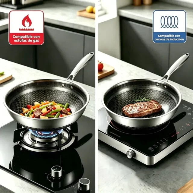 Sarten de acero inoxidable 316 con capacidad de 2 litros, diámetro 22 cm y mango de aluminio para cocina, foto 4 de 7