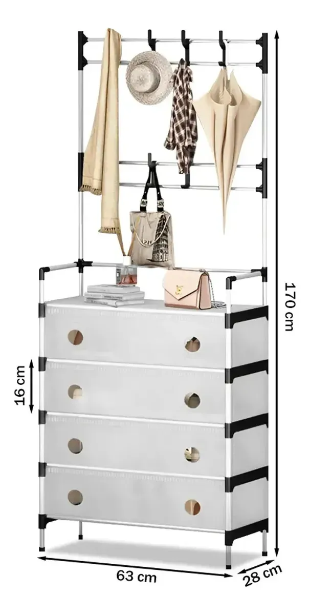 Zapatera perchero de 4 niveles multiusos blanco P36 con 4 estantes, 4 cajones y barras colgantes, 170 cm alto x 63 cm ancho x 28 cm profundo, foto 3 de 4