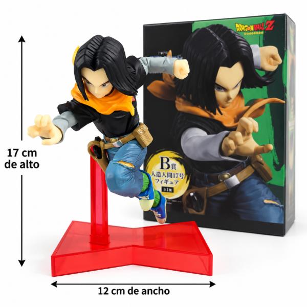 Figura de acción de Androide 17 de Dragon Ball Z en pose dinámica, de 17 cm de alto con base roja de exhibición, perfecta para coleccionistas de anime y decoración de escritorio o vitrina, foto 2 de 5