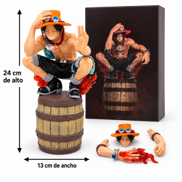 Figura de anime de Ace de One Piece de 24 cm de alto sobre barril de madera, con piezas intercambiables como brazo y cabeza con sombrero y efectos de fuego, para coleccionistas y fans del anime, foto 1 de 7