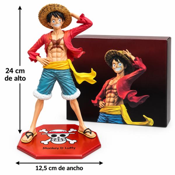 Figura coleccionable de Luffy de One Piece en pose sonriente con sombrero de paja, chaqueta roja abierta, pantalón azul y base con logo, de 24 cm de alto, ideal para vitrina o regalo para fans, foto 2 de 6