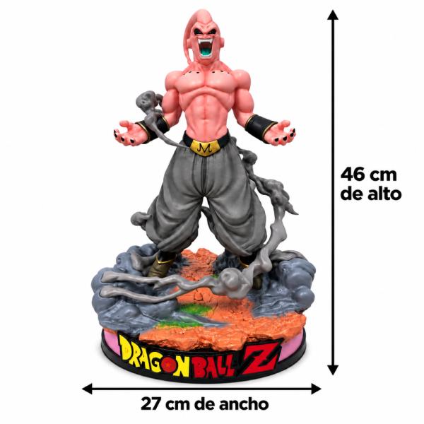 Figura coleccionable de Majin Buu de Dragon Ball Z con base decorativa de escenario rocoso, pose de ataque en color rosado y gris, 46 cm de alto y 27 cm de ancho, para fans y coleccionistas, foto 2 de 5