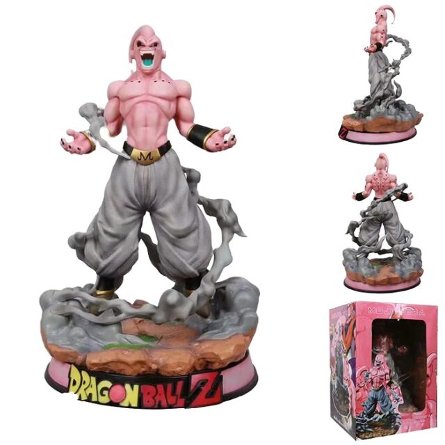 Figura coleccionable de Majin Buu de Dragon Ball Z con base decorativa de escenario rocoso, pose de ataque en color rosado y gris, 46 cm de alto y 27 cm de ancho, para fans y coleccionistas, foto 1 de 5