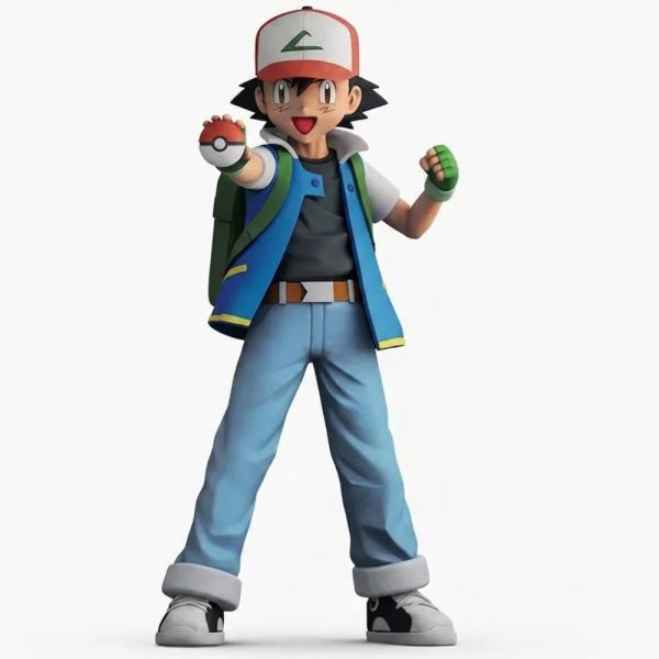 Figura de Ash de Pokémon con gorra roja y blanca, chaqueta azul con detalles verdes, pantalón claro y Poké Ball en la mano, de 14,5 cm de alto, para vitrina, escritorio o regalo a fans del anime, foto 1 de 7