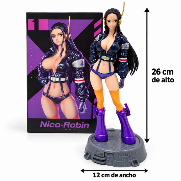 Figura de anime de Nico Robin de One Piece, de 26 cm de alto y 12 cm de ancho, con base gris, chaqueta azul marino, botas moradas y detalles en morado, perfecta para coleccionistas y fans del anime, foto 2 de 5