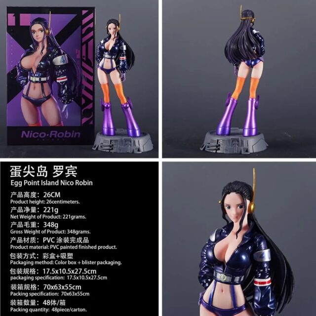 Figura de anime de Nico Robin de One Piece, de 26 cm de alto y 12 cm de ancho, con base gris, chaqueta azul marino, botas moradas y detalles en morado, perfecta para coleccionistas y fans del anime, foto 4 de 5