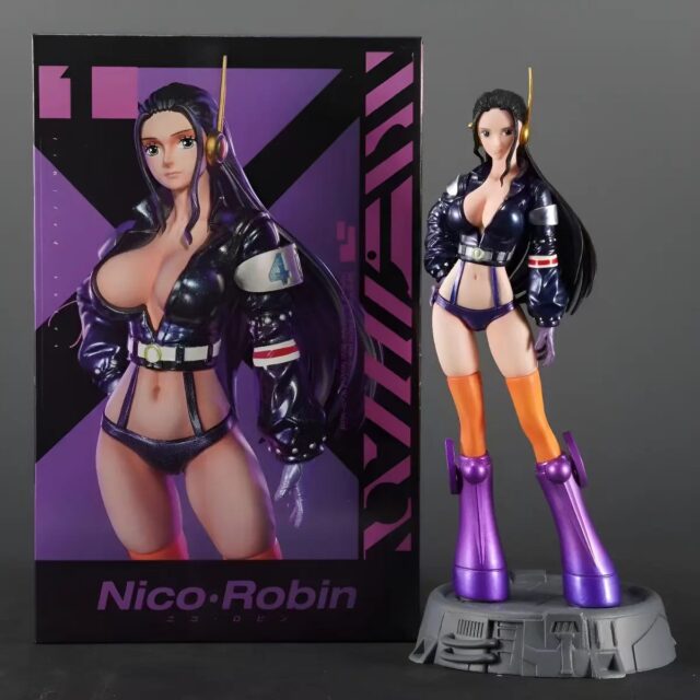Figura de anime de Nico Robin de One Piece, de 26 cm de alto y 12 cm de ancho, con base gris, chaqueta azul marino, botas moradas y detalles en morado, perfecta para coleccionistas y fans del anime, foto 5 de 5