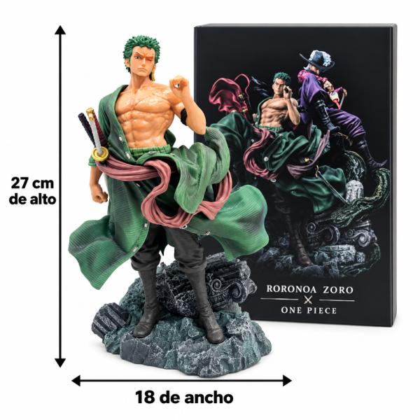 Figura coleccionable de Roronoa Zoro de la serie One Piece, en pose de combate con capa verde, faja roja y espadas, base de roca decorativa de 27 cm de alto, para vitrina o escritorio, foto 2 de 5