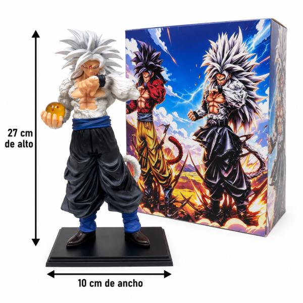 Figura de anime Goku Dragon Ball SSJ4 con cabello blanco, pose de pelea, esfera dorada y base negra, de 27 cm de alto, para decorar vitrinas, estantes y regalar a fans de Dragon Ball, foto 2 de 4