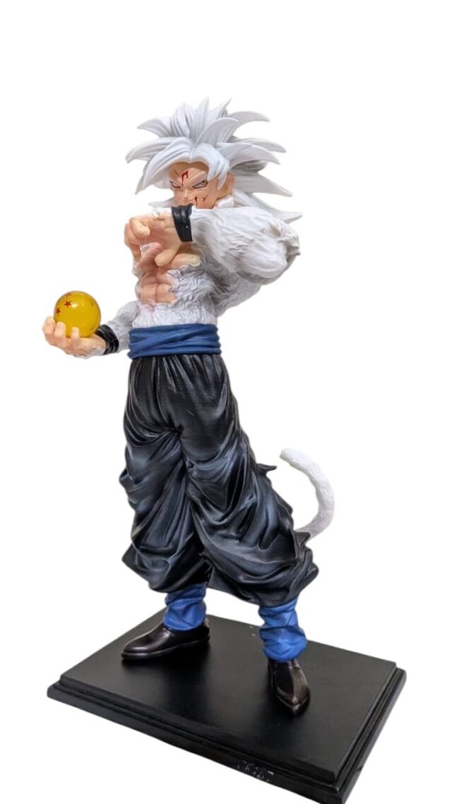 Figura de anime Goku Dragon Ball SSJ4 con cabello blanco, pose de pelea, esfera dorada y base negra, de 27 cm de alto, para decorar vitrinas, estantes y regalar a fans de Dragon Ball, foto 1 de 4