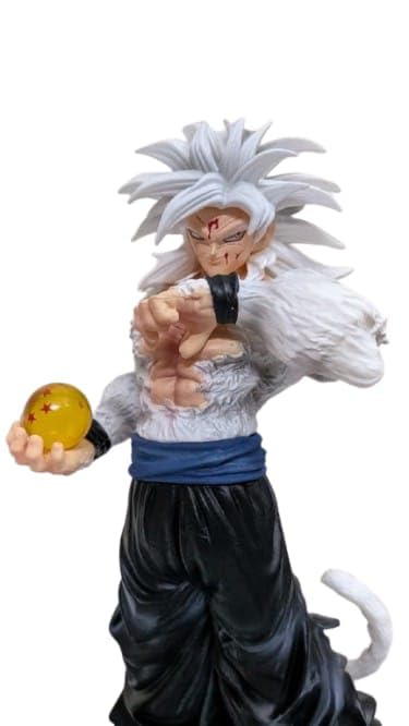 Figura de anime Goku Dragon Ball SSJ4 con cabello blanco, pose de pelea, esfera dorada y base negra, de 27 cm de alto, para decorar vitrinas, estantes y regalar a fans de Dragon Ball, foto 4 de 4