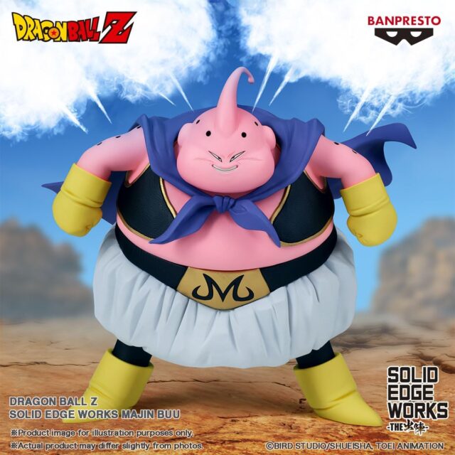 Figura de anime Majin Buu de Dragon Ball Z Banpresto, serie Solid Edge Works, con capa azul, guantes y botas amarillas, cinturón con símbolo M, en caja, para coleccionistas y fans de Dragon Ball, foto 1 de 7